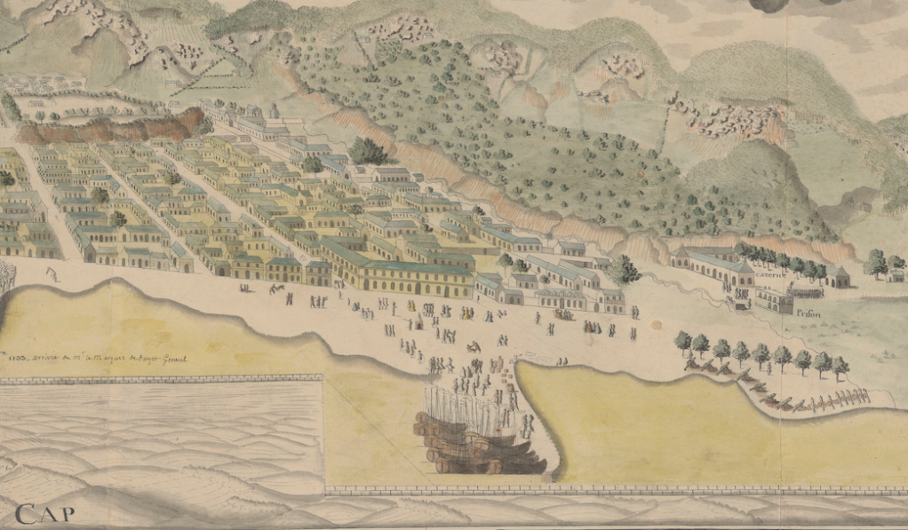 Close-up of a 1733 rendering of Le Cap showing the harbor, the town's quay, and town residents welcoming the arrival of Gen. de Fayer.